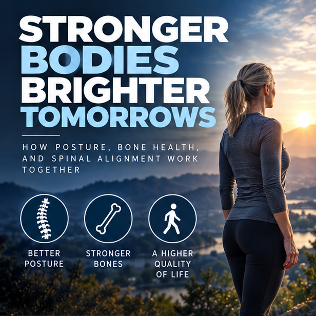 Woman looking over a sunrise landscape with icons for better posture, stronger bones, and higher quality of life