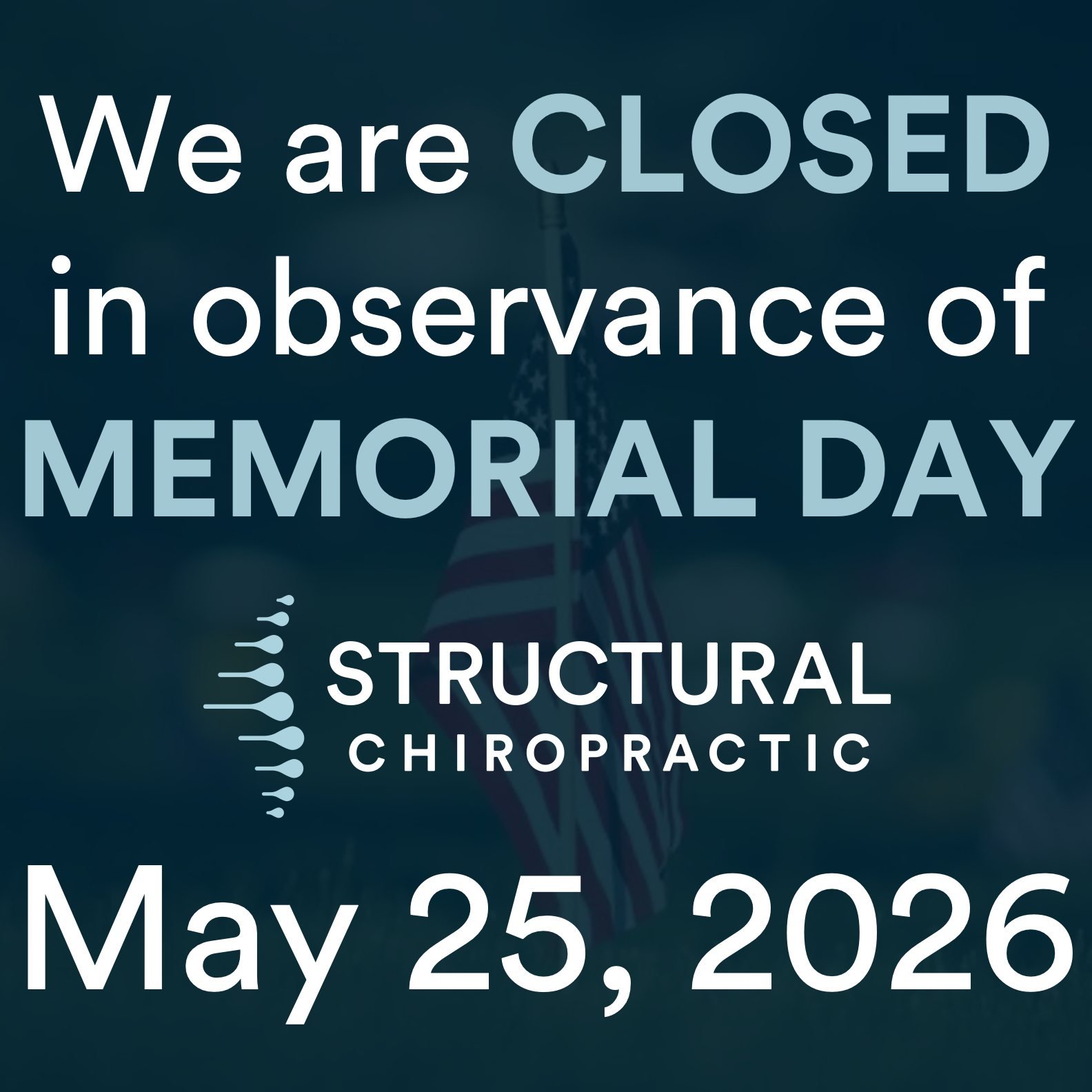 Closed today in observance of Memorial Day... grateful for the freedom we enjoy because of those who sacrificed everything. 🇺🇸 We'll see you back in the office tomorrow!