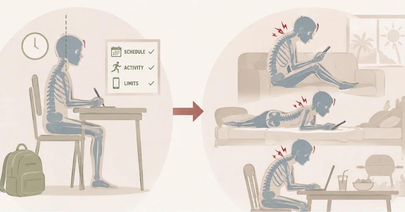 School's out and screen time just went up. 📱

When kids go from desks and schedules to couches and floors, this creates one of the most damaging structural patterns we see in practice: Anterior Head Syndrome (AHS), or tech neck. And summer is when i
