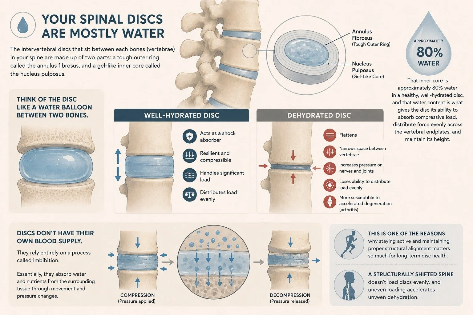 Your spinal discs are roughly 80% water. Most people are walking around chronically behind on hydration without realizing what it's actually costing them structurally. 💧

The inner core of your disc (nucleus pulposus) relies on that water content to