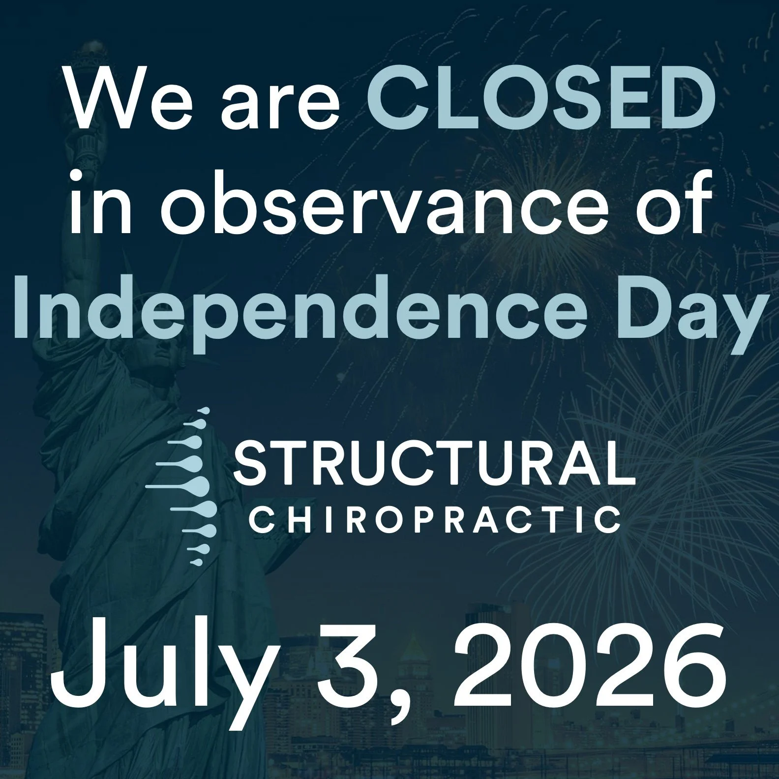 Structural Chiropractic will be closed Friday, July 3rd, in observance of Independence Day. Wishing everyone a safe and happy Fourth of July as we celebrate the freedoms we're grateful to share.🇺🇸