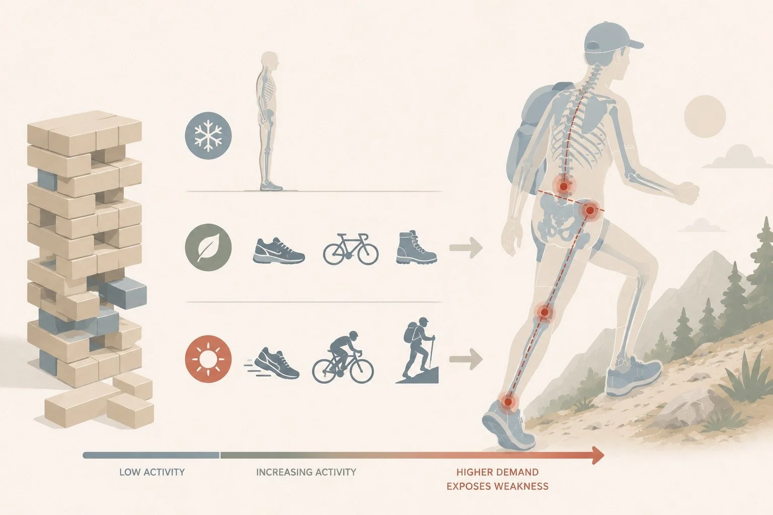 Summer ambition is great. Ramping up too fast is where people get hurt. 🏃&zwj;♂️⛰️🚴

Every summer we see the same pattern: someone who's been relatively sedentary all winter gets outside, does too much too soon, and a structural abnormality that wa
