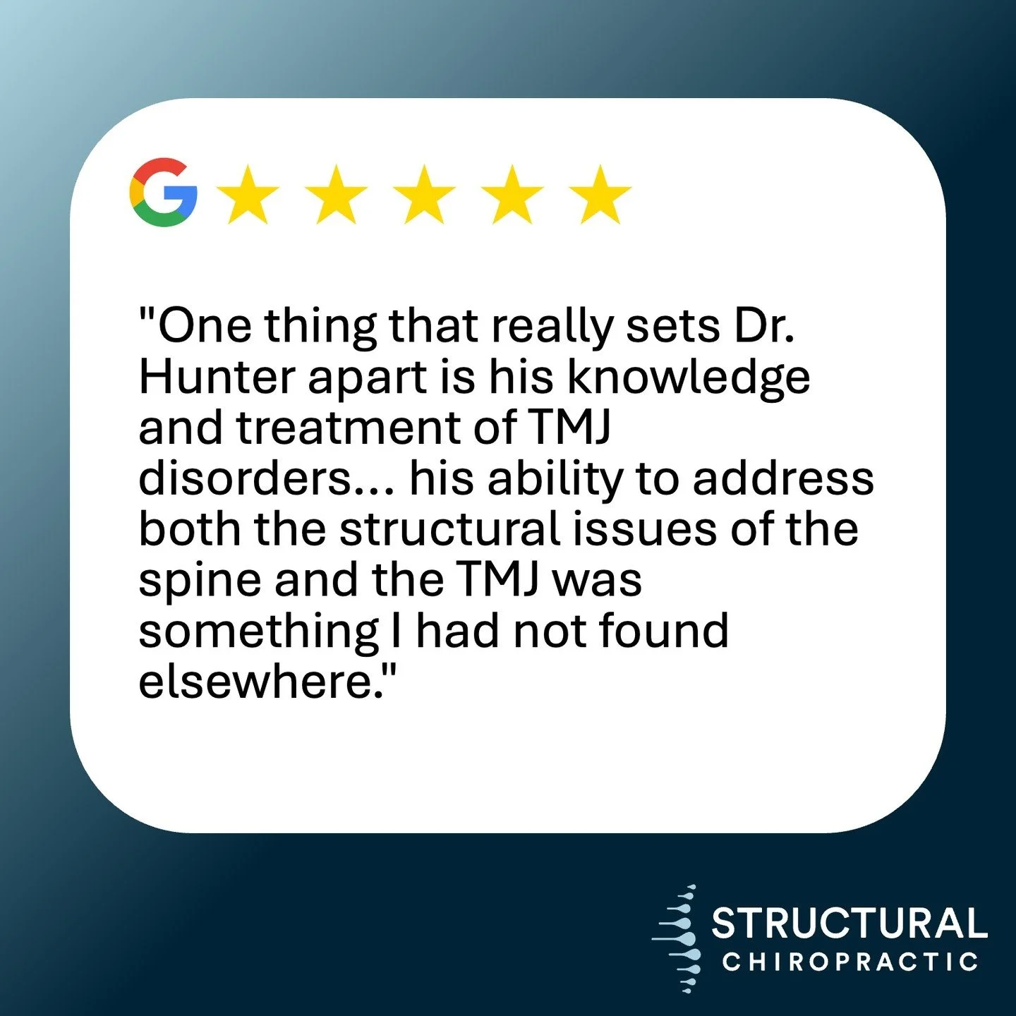 Testimonial Tuesday!

Jaw pain and spinal misalignment are more connected than most people realize. TMJ treatment alongside structural correction isn't something every chiropractic office offers. For this patient, that combination made all the differ