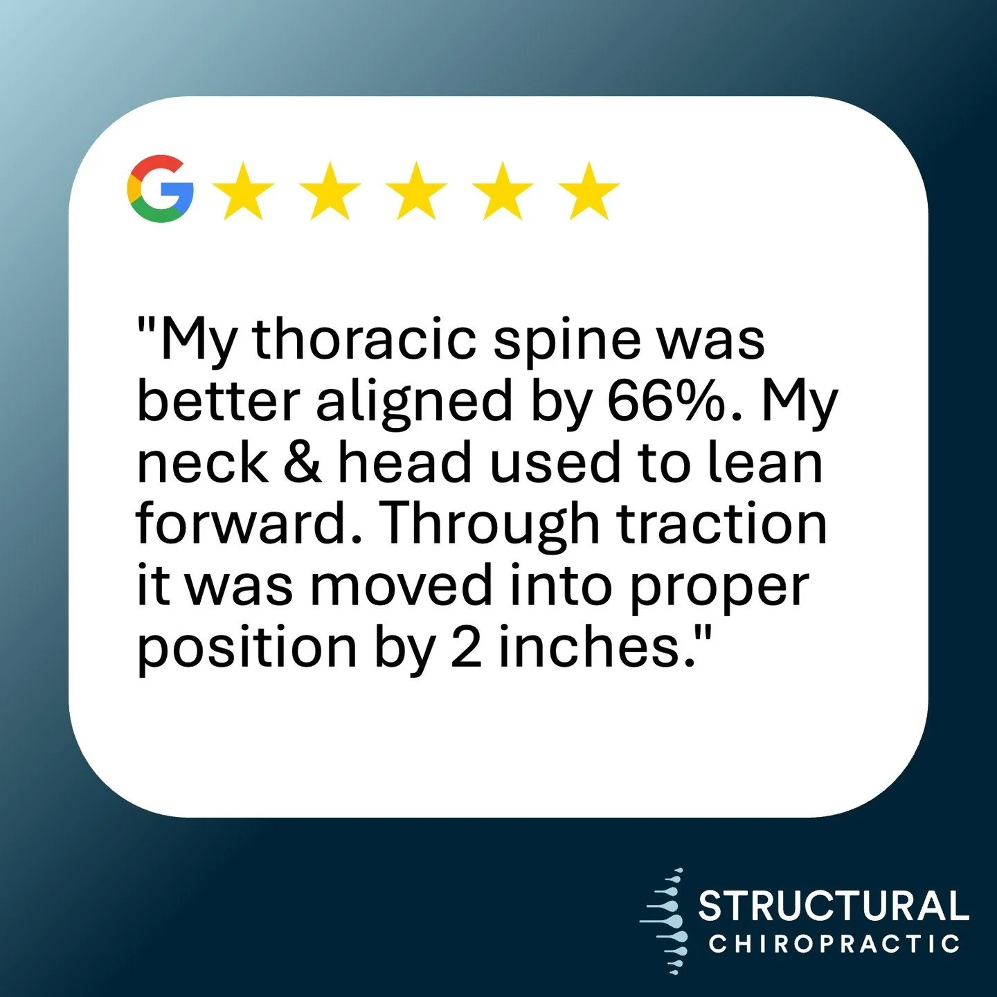 Testimonial Tuesday!

Numbers don't lie. 📊 This patient's thoracic spine alignment improved by 66%, with forward head posture corrected by 2 inches through traction. Measurable progress beyond just feeling better.