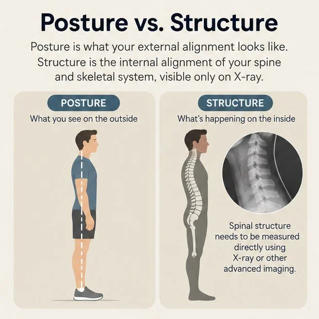 Posture and spinal structure are related, but they are not the same thing, and this distinction matters for your care.

Posture is what your external alignment looks like while you are standing in space. Structure is the internal alignment of the ind