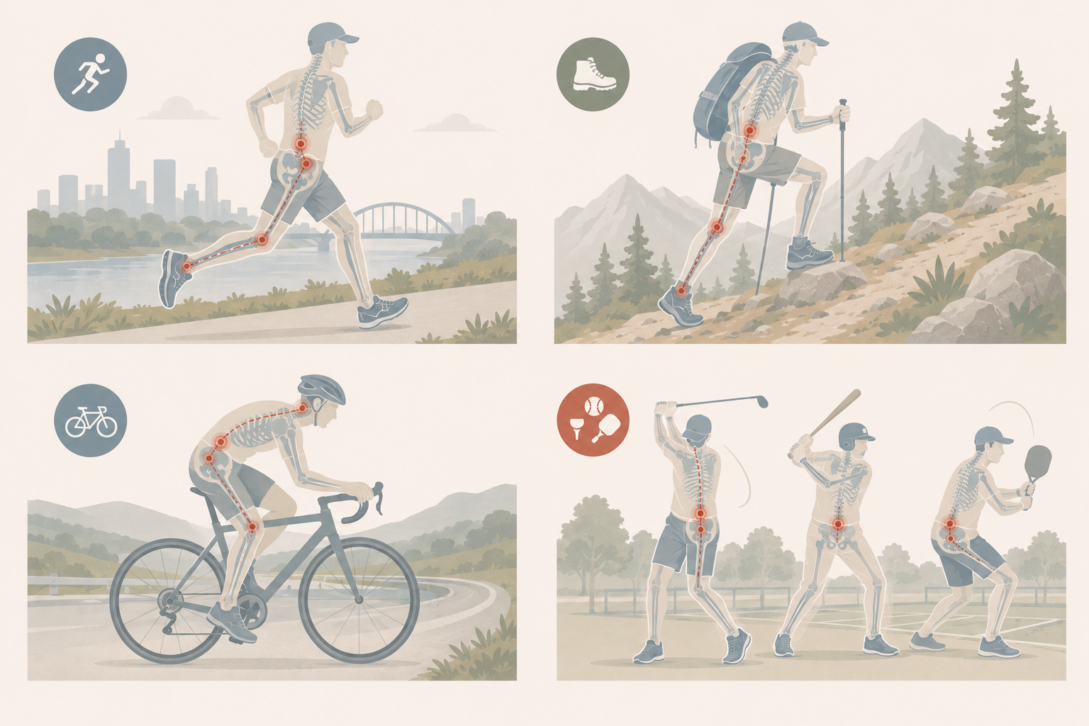 Four-panel illustration showing spinal stress points during summer activities: running, hiking with a pack, cycling in forward head position, and rotational sports including golf and pickleball