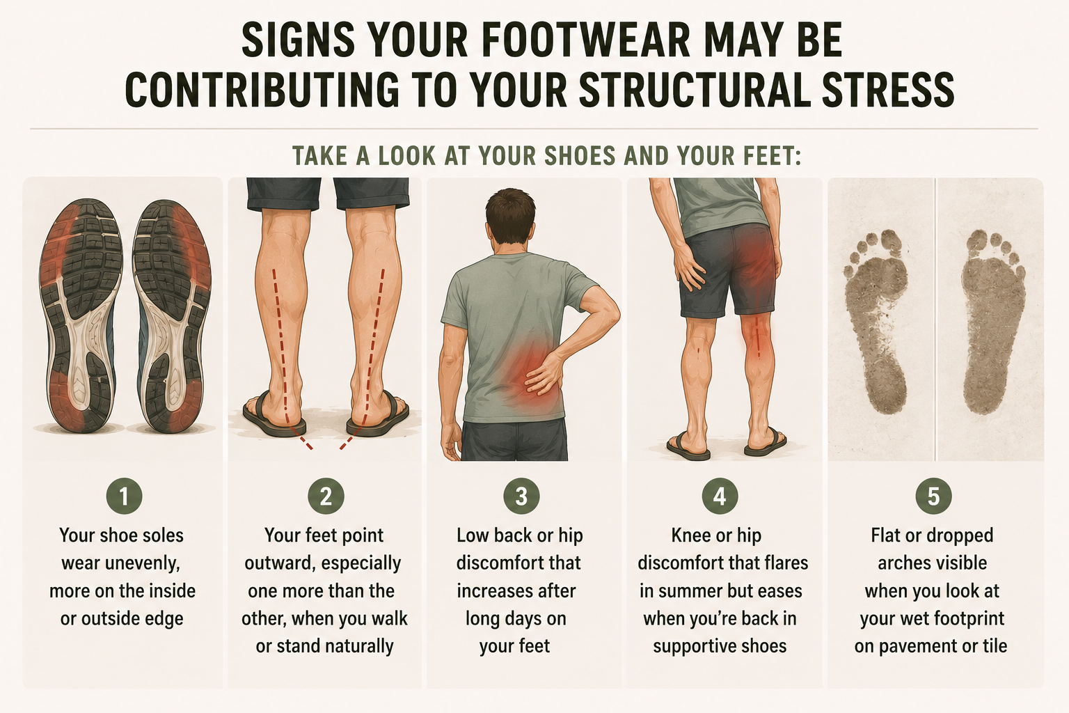 Five signs your footwear may be contributing to structural stress: uneven sole wear, feet pointing outward, low back or hip discomfort after long days, knee or hip pain that improves in supportive shoes, and flat arches visible in a wet footprint