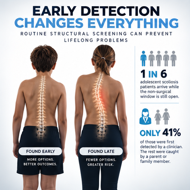 Infographic showing early detection changes outcomes for scoliosis: only 1 in 6 adolescent patients arrive while the non-surgical window is still open, and only 41 percent were first detected by a clinician