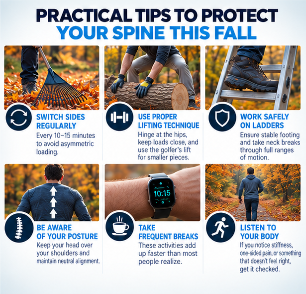 Six tips to protect your spine this fall including switching sides, proper lifting, ladder safety, posture, breaks, and listening to your body