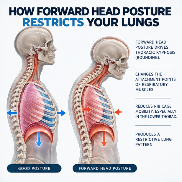 Diagram comparing good posture with full rib cage expansion versus forward head posture driving thoracic kyphosis, changing respiratory muscle attachments, and producing a restrictive lung pattern