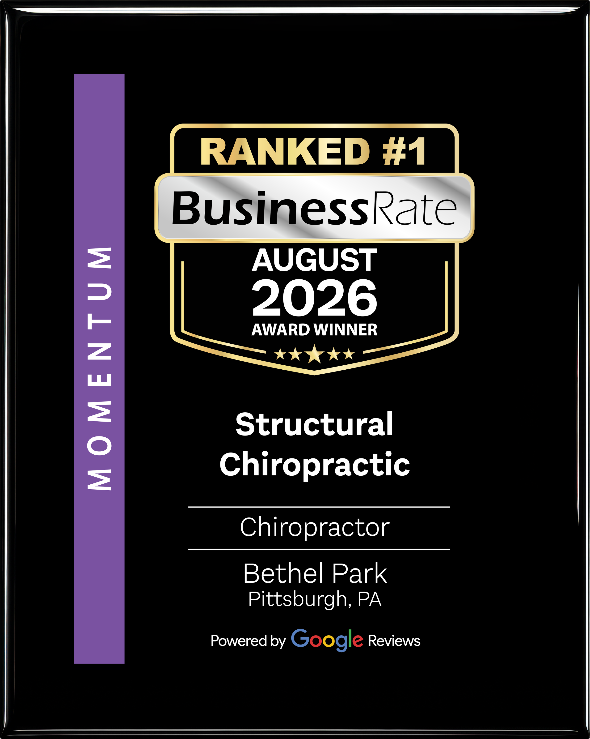 Structural Chiropractic in Bethel Park, PA ranked #1 chiropractor by BusinessRate, August 2026, based on Google Reviews from South Hills patients.