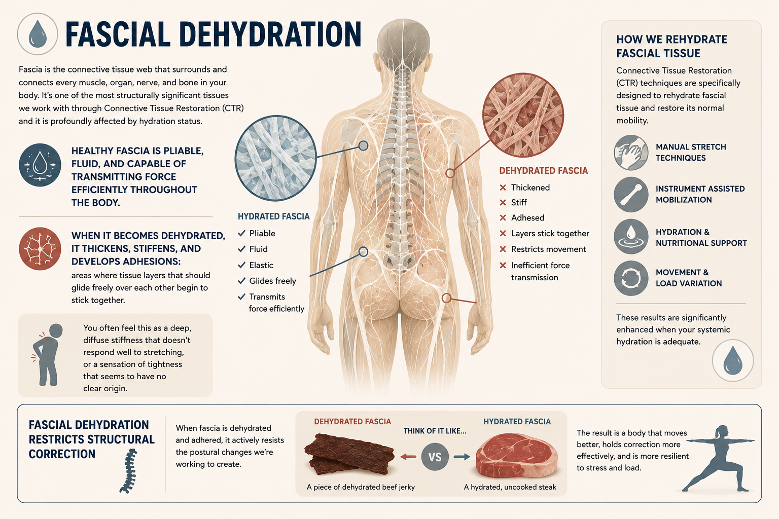 Infographic on fascial dehydration showing how healthy fascia is pliable and fluid while dehydrated fascia thickens, stiffens, and develops adhesions that restrict structural correction, with Connective Tissue Restoration techniques for rehydration