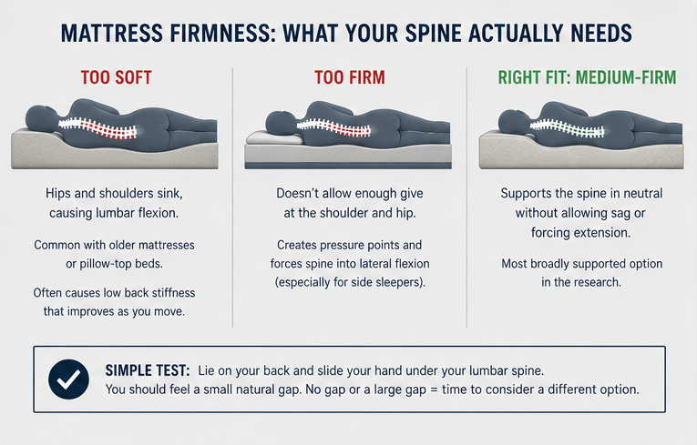 Mattress firmness comparison showing too soft causing lumbar flexion and hip sinking, too firm creating pressure points and lateral spinal flexion for side sleepers, and medium-firm as the optimal choice for spinal neutrality