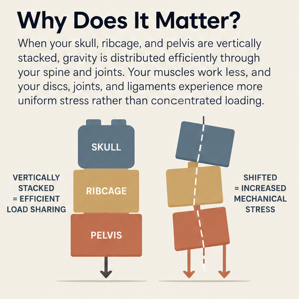 Stacked blocks labeled skull, ribcage, and pelvis comparing vertical alignment with efficient load sharing to a shifted stack with increased stress