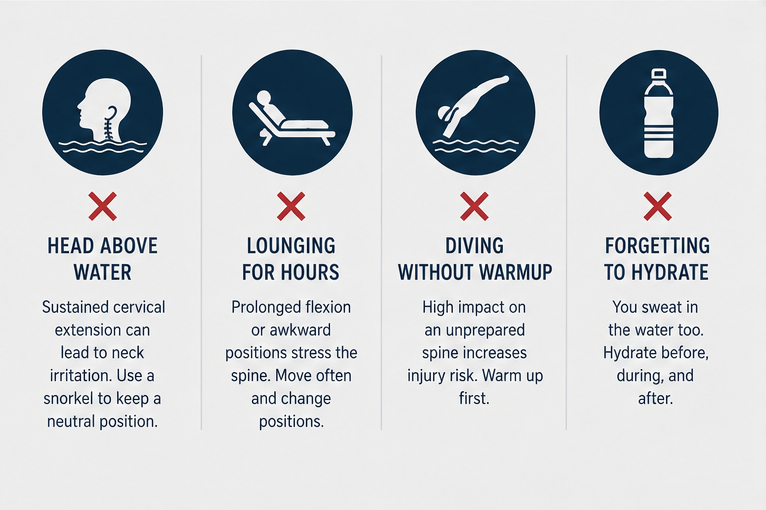 Four pool habits that work against your spine: keeping the head above water causing cervical extension, lounging for hours in awkward positions, diving without warming up, and forgetting to hydrate during water activity
