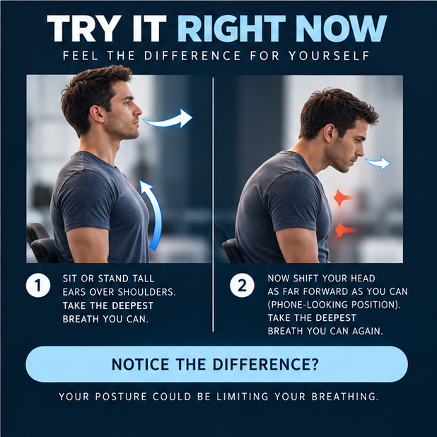 Two-step self-test showing how to feel the difference in breathing capacity between neutral head position and forward head position