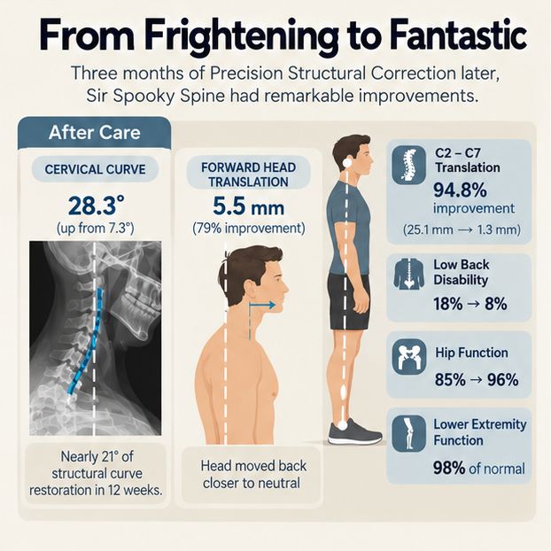After care results: 28.3 degree neck curve, 5.5 mm forward head translation, and improved low back, hip, and lower extremity scores