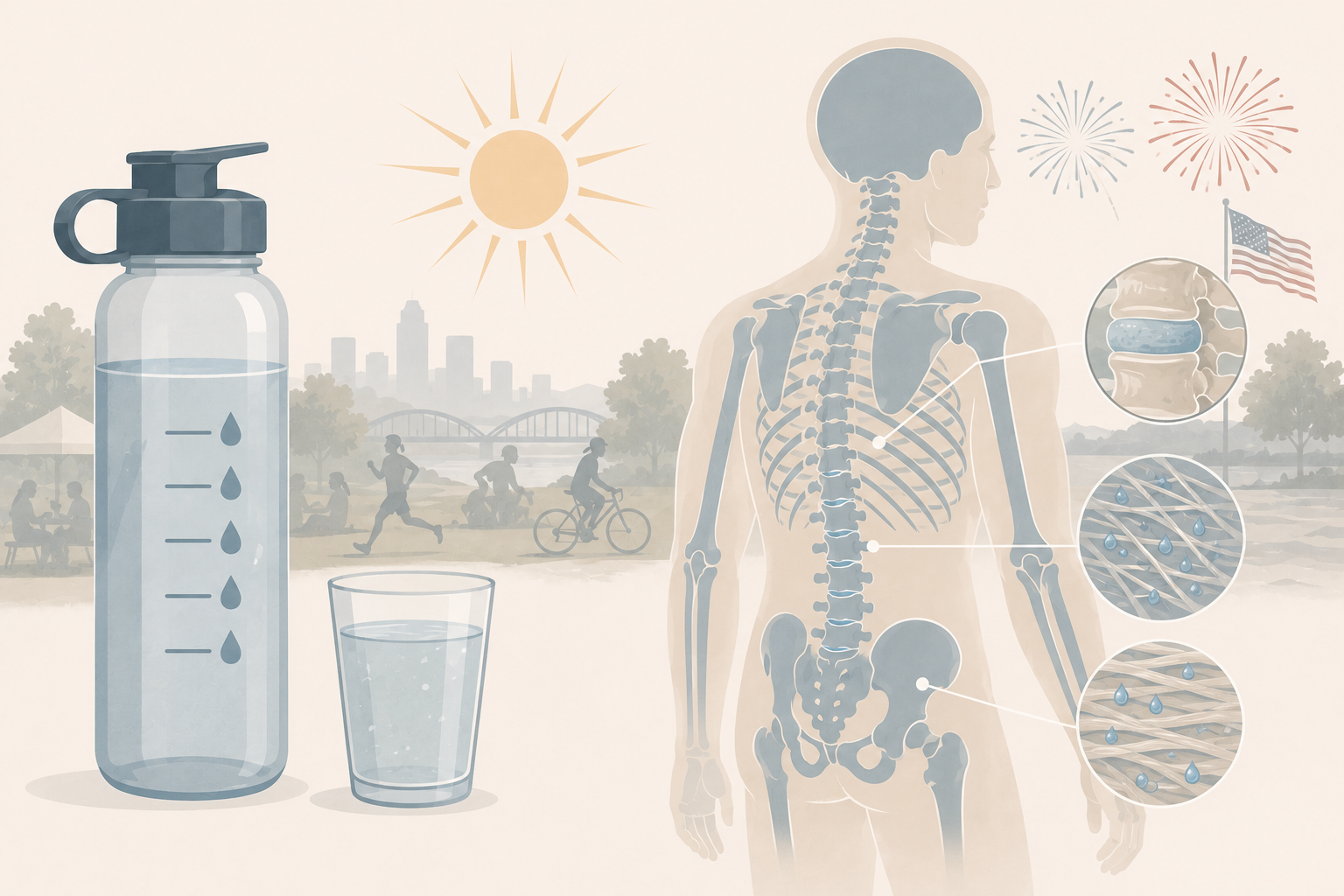 Illustration showing the connection between hydration and spinal disc and fascial health, with Pittsburgh skyline and Fourth of July fireworks in the background