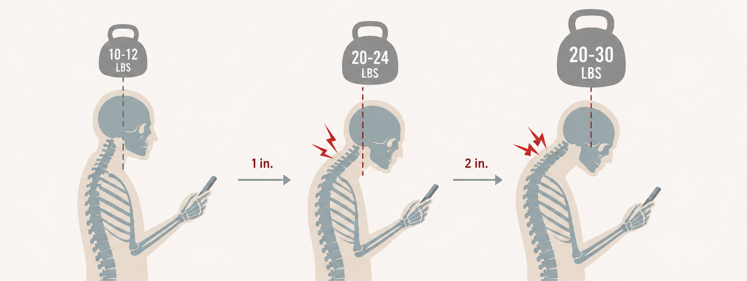 Diagram showing how forward head posture increases effective cervical spine load from 10-12 pounds in neutral to 20-30 pounds at two inches of forward translation