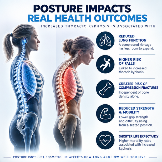 Comparison illustration showing how increased thoracic kyphosis is linked to reduced lung function, falls, fractures, and shorter life expectancy