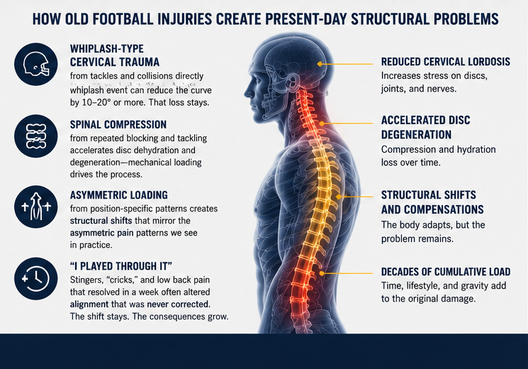 How old football injuries create present-day structural problems: whiplash reducing cervical lordosis, spinal compression, asymmetric loading, and playing through injuries that left structural shifts