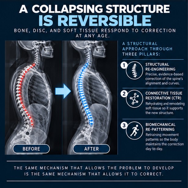 Before and after spinal x-ray showing structural correction alongside the three pillars of Precision Structural Correction care