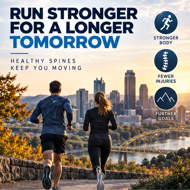 Two runners along the Pittsburgh riverfront with the skyline in view, representing stronger movement through spine health