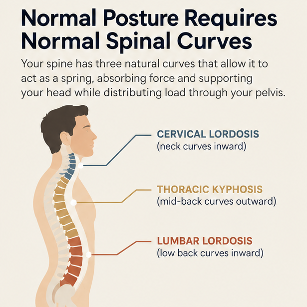 Side view of the spine labeling the cervical lordosis, thoracic kyphosis, and lumbar lordosis as the three normal spinal curves