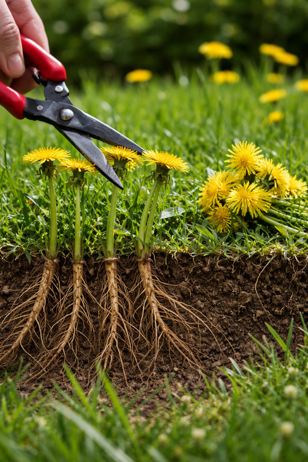 Cutting dandelions while the roots are left representing how chasing symptoms will only lead to temporary results.