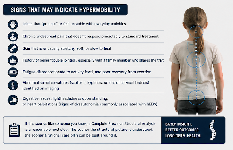 Seven signs that may indicate hypermobility: unstable joints, widespread pain, stretchy skin, double jointed history, disproportionate fatigue, abnormal spinal curves, and dysautonomia symptoms