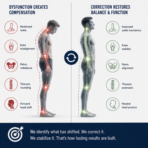 Before and after comparison showing restricted ankle, knee misalignment, pelvic imbalance, thoracic rounding, and forward head shift versus corrected posture with improved mechanics at every level