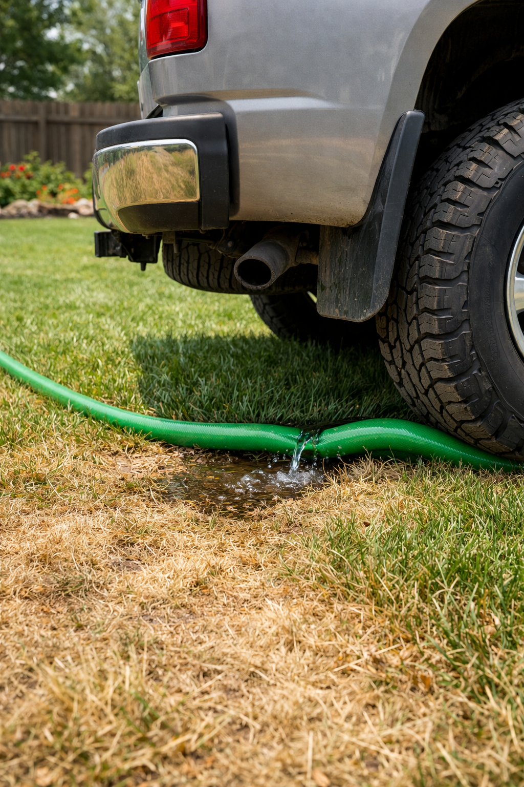 Garden hose with obstruction from truck tire illustrating how structural abnormalities obstruct nerves and disrupt body function