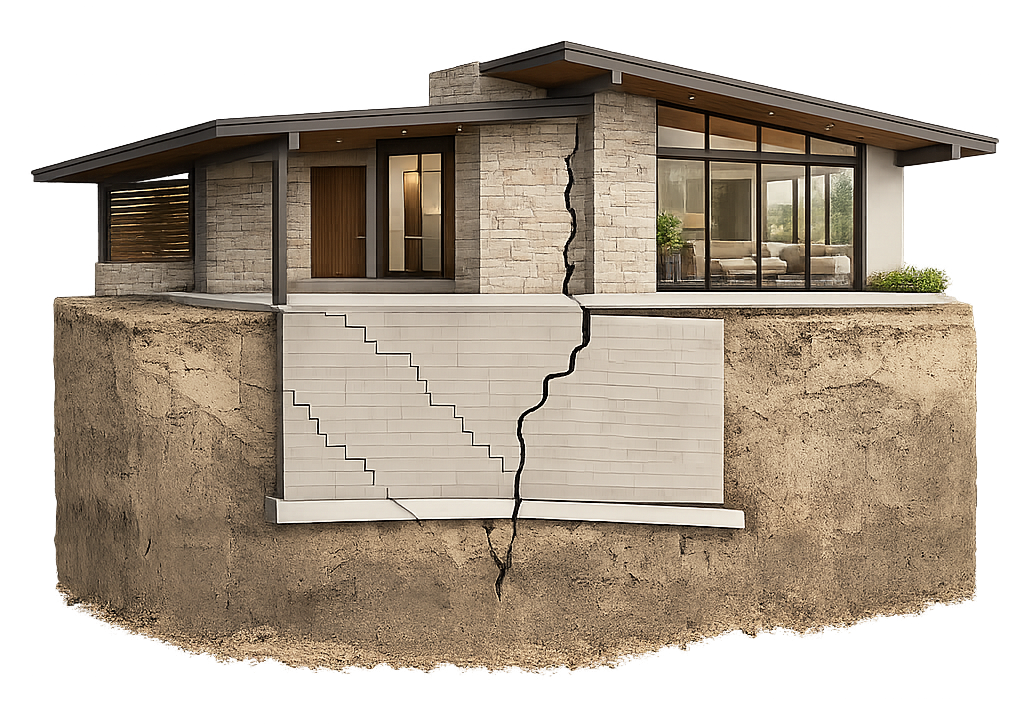 Cracked house foundation representing how structural abnormalities in the spine cause secondary health conditions.