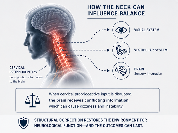Diagram showing how cervical proprioceptors send position signals to the visual system, vestibular system, and brain, and how disrupted cervical input causes dizziness and instability