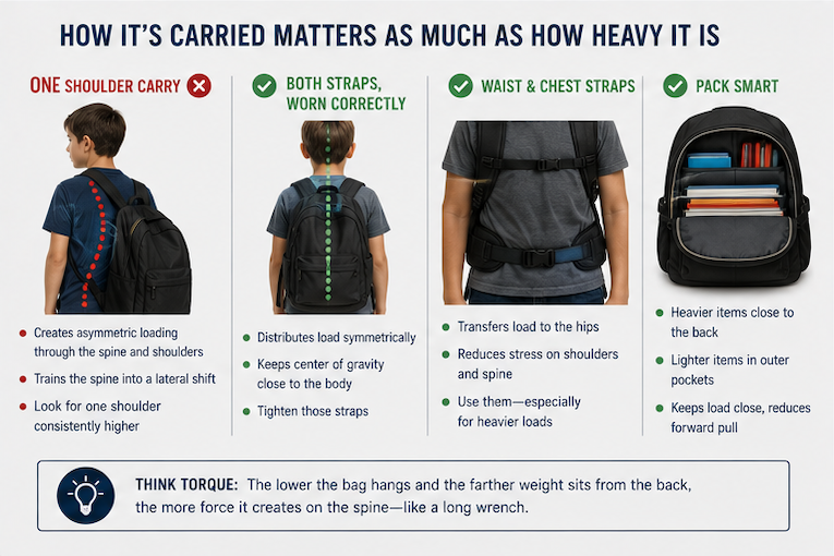 Four backpack carrying methods: one shoulder carry creates asymmetric spinal loading, both straps worn correctly distributes load, waist and chest straps transfer weight to hips, packing heavy items close to back reduces forward pull