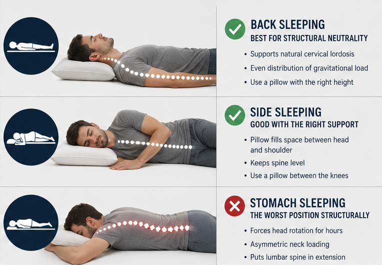 Three sleep positions with structural ratings: back sleeping best for structural neutrality with even gravitational load distribution, side sleeping good with proper pillow support to keep spine level, stomach sleeping worst position