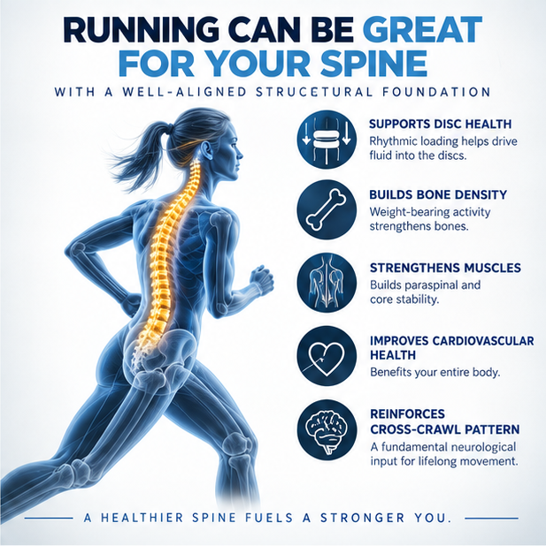 Illustration of a runner's spine showing how running supports disc health, bone density, and structural resilience