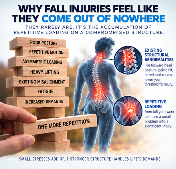 Jenga tower of risk factors beside a spine illustration showing how repetitive loading on a compromised structure leads to fall injuries