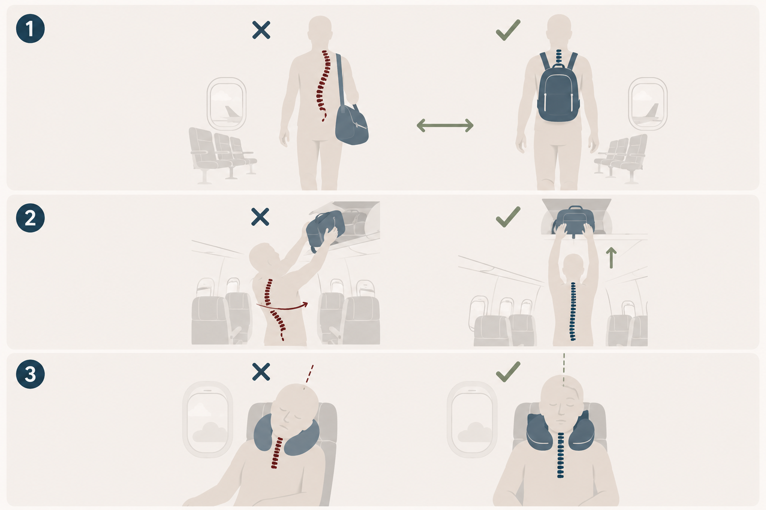 Three tips for protecting your spine while flying: using both backpack straps, lifting overhead luggage without twisting, and proper neck pillow support