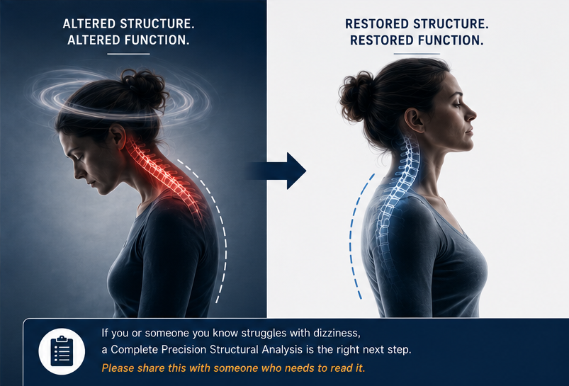Side-by-side comparison of altered cervical structure causing dizziness versus restored cervical structure restoring neurological function with the message: altered structure altered function, restored structure restored function