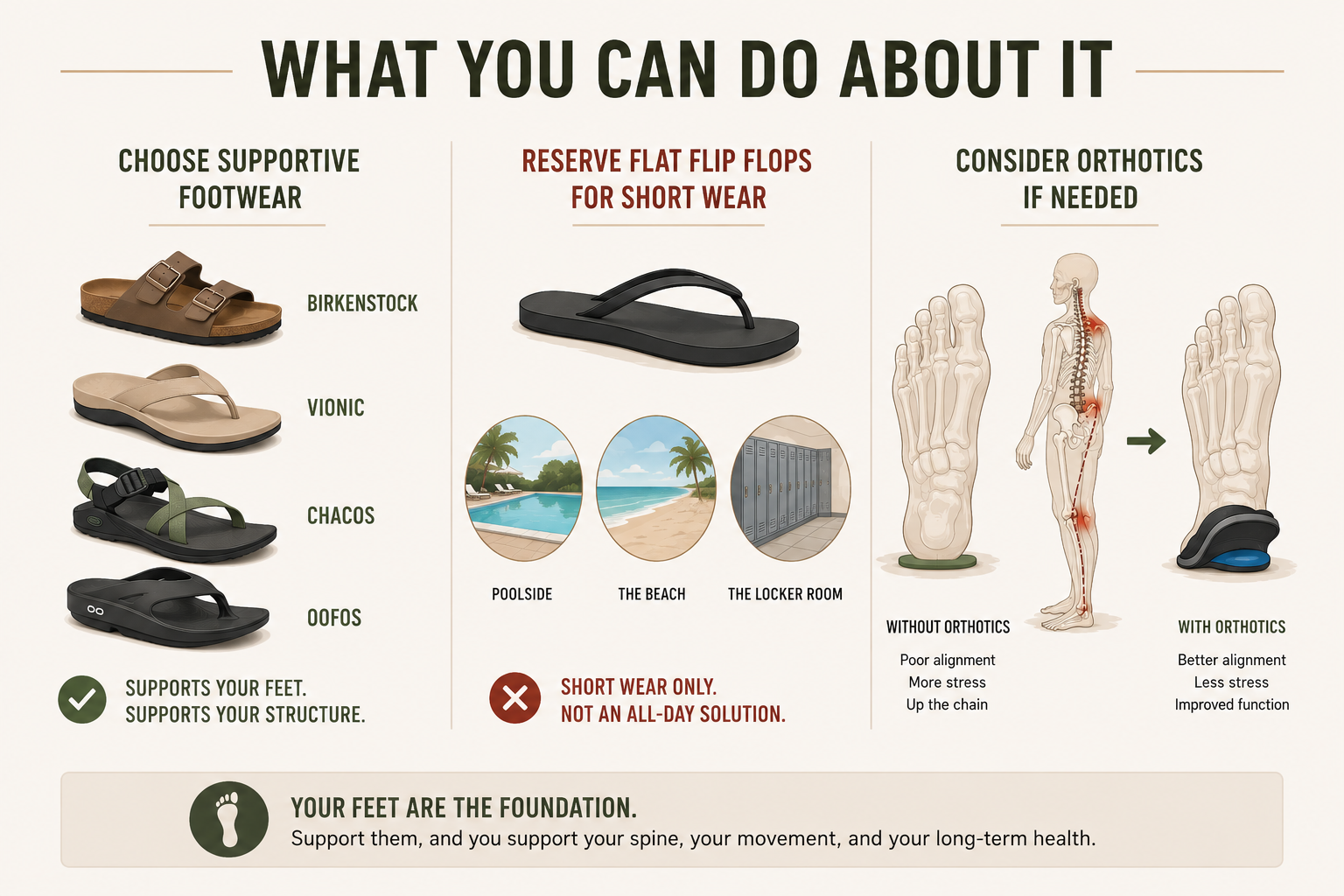 Infographic with three footwear recommendations: choose supportive sandals like Birkenstock, Vionic, Chacos, or OOFOS; reserve flat flip flops for poolside and beach only; consider orthotics to improve alignment and reduce spinal stress