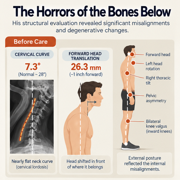 Before care findings: 7.3 degree neck curve, 26.3 mm forward head translation, and posture markers showing forward head and pelvic asymmetry