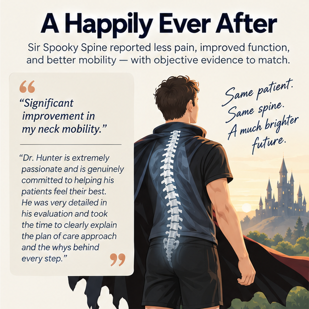 Illustrated man with a glowing spine facing a sunrise castle beside a patient quote about improved neck mobility and a detailed evaluation