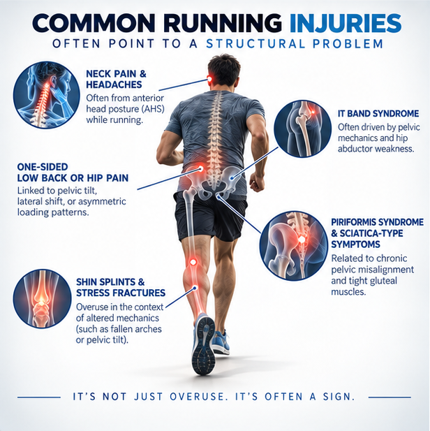 Diagram of common running injuries including neck pain, IT band syndrome, piriformis syndrome, and shin splints tied to structural imbalance