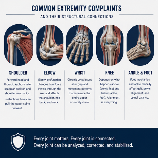 Five common extremity complaints and their structural connections: shoulder affected by forward head posture, elbow and wrist altering upper chain mechanics, knee dependent on pelvis and ankle, foot affecting spinal alignment