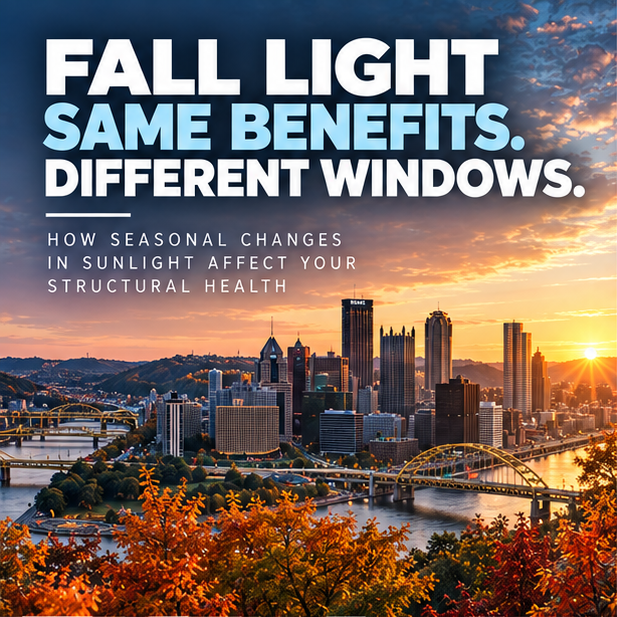 Pittsburgh skyline and rivers at sunset with autumn foliage and the title Fall Light, Same Benefits, Different Windows