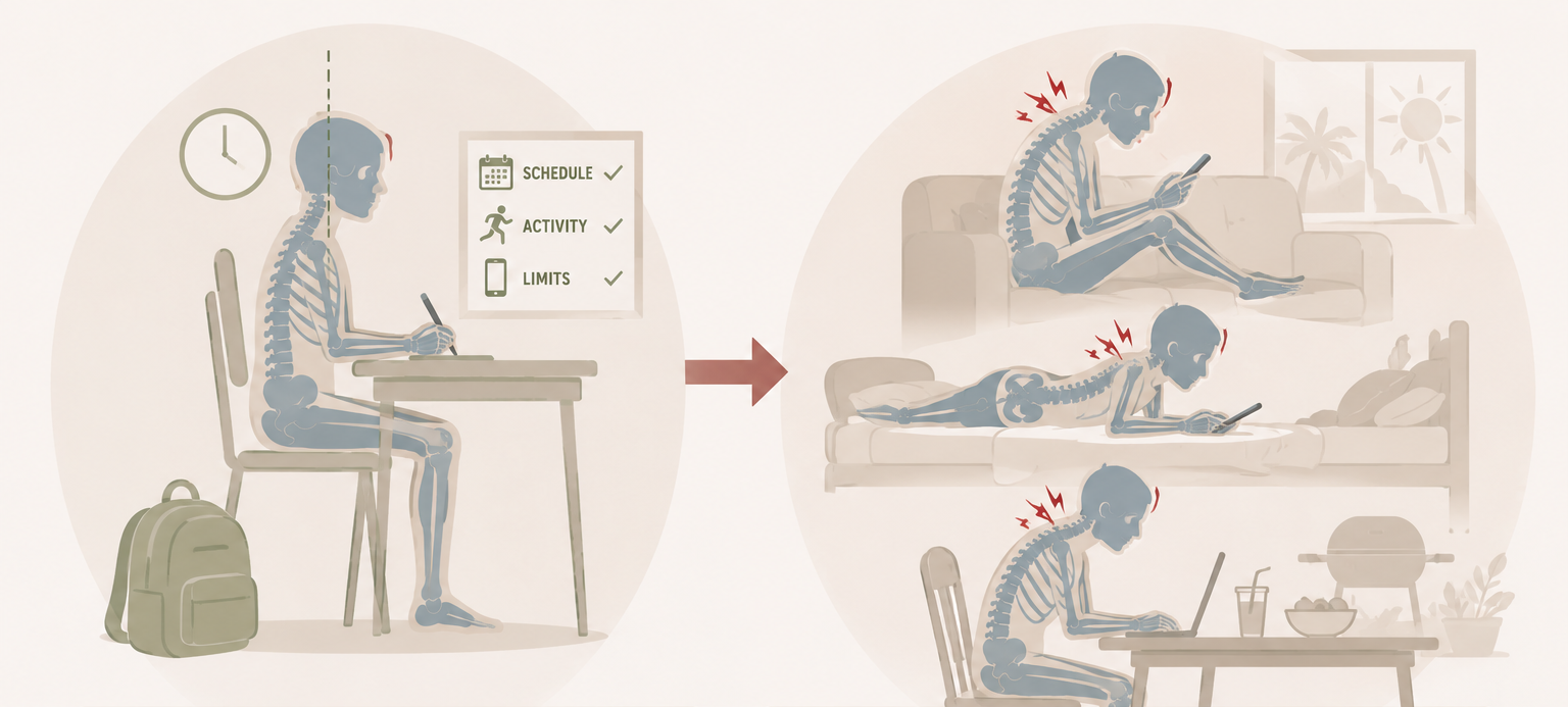 Comparison of structured school posture versus three poor summer screen positions showing cervical spine stress on couch, bed, and floor