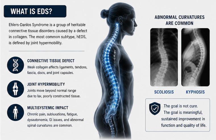 EDS infographic showing collagen defect causing joint hypermobility and multisystemic impact with scoliosis and kyphosis X-rays showing abnormal spinal curvatures common in EDS