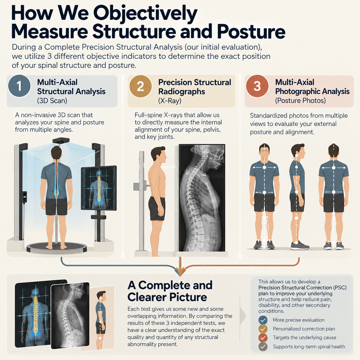 Three objective tests in a Complete Precision Structural Analysis: 3D scan, full-spine x-ray, and posture photos
