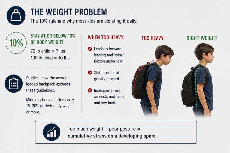 Backpack weight infographic showing the 10 percent rule: a 70 lb child should carry 7 lbs maximum, comparing too heavy versus correct weight posture